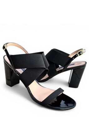 Stuart Weitzman Alana Black Patent Sandals Stretch Strap Block Heel Slingback
